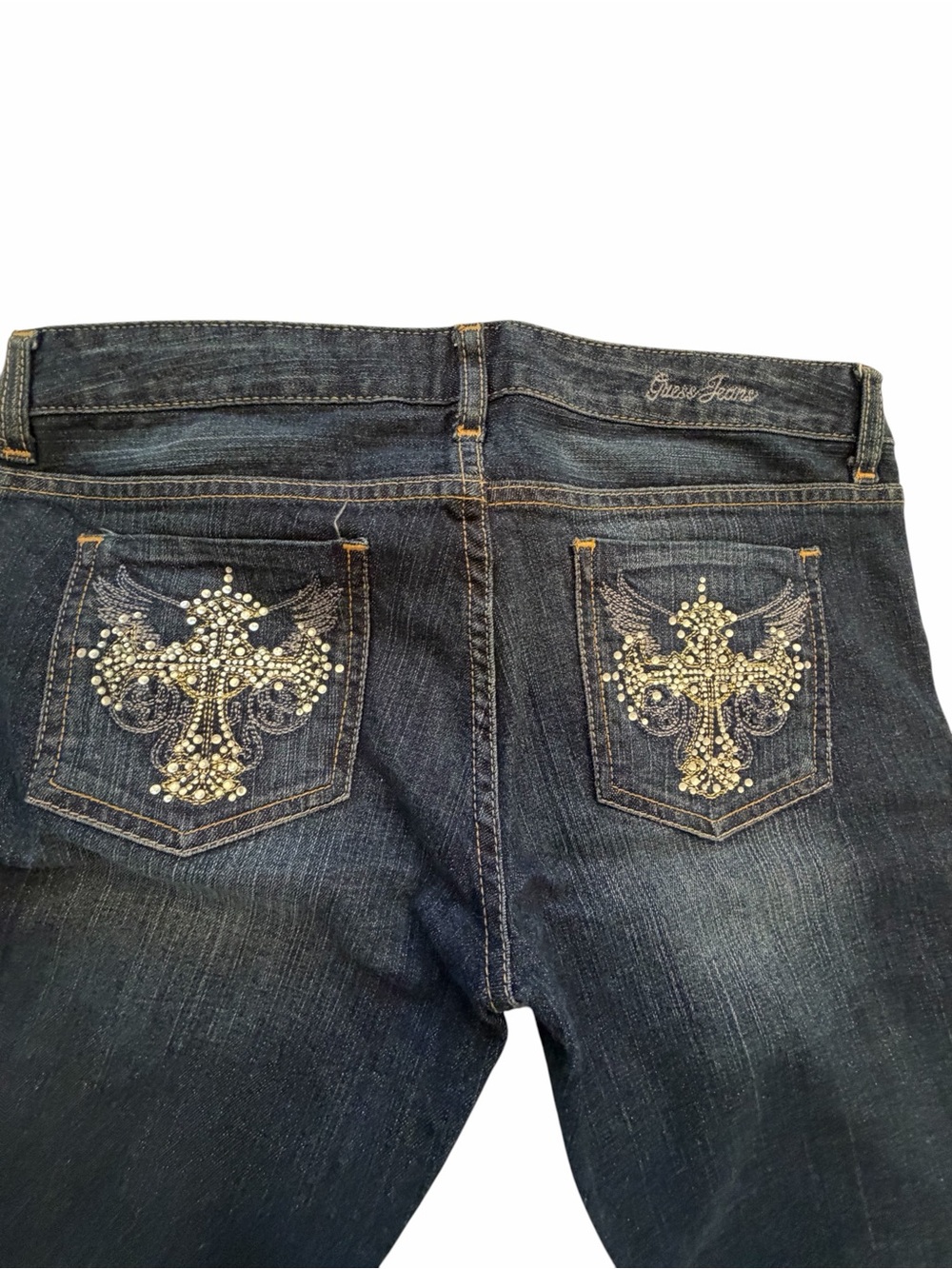 Guess Denim Jeans-Rhinestone Cross Back Pockets-Low Rise-Size 29x32-Seem New - Picture 9 of 10